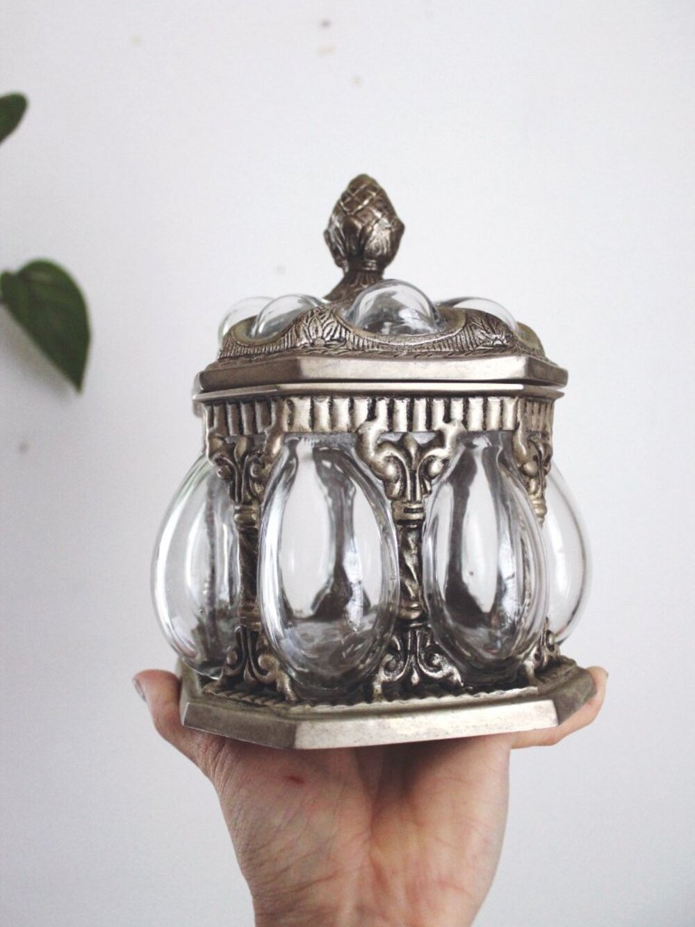 Vintage Silver Hand Blown Caged Bubble Glass Apothecary Jar Baroque Brass Bronze